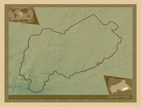 中非共和国姆博穆省 有湖泊和河流的彩色高程图 该区域主要城市的地点和名称 角辅助位置图 — 图库照片
