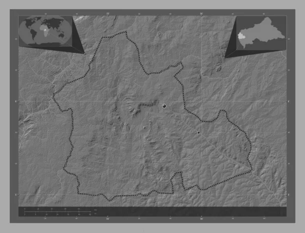 中部アフリカ共和国のナナマンベレ県 湖や川と二階の標高マップ 地域の主要都市の場所 コーナー補助位置図 — ストック写真