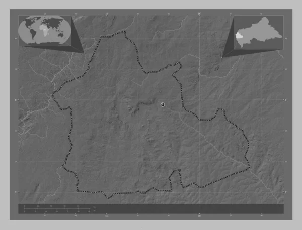 中部アフリカ共和国のナナマンベレ県 湖や川とグレースケールの標高マップ コーナー補助位置図 — ストック写真