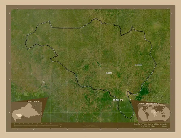 中央アフリカ共和国の県 オムベラ ムポコ 低解像度衛星地図 地域の主要都市の位置と名前 コーナー補助位置図 — ストック写真
