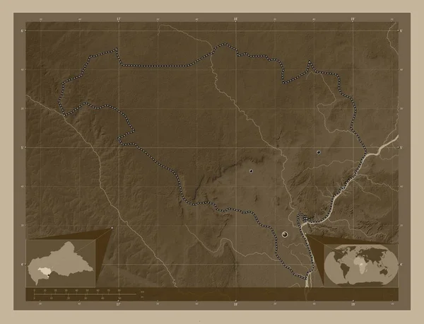 Ombella Poko Prefektura Republiki Środkowoafrykańskiej Mapa Elewacji Kolorowe Sepia Dźwięki — Zdjęcie stockowe