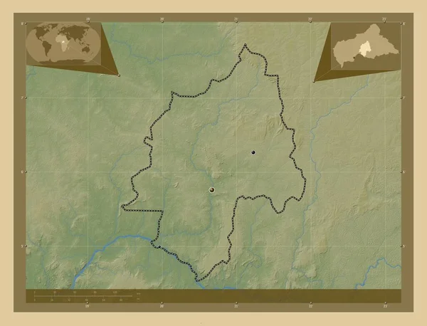 中央アフリカ共和国の県大阪市 湖や川と色の標高マップ 地域の主要都市の場所 コーナー補助位置図 — ストック写真