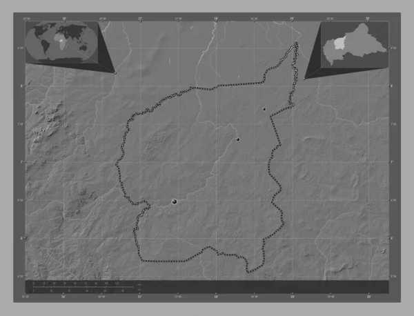 アフリカ中央共和国の県 アウハム 湖や川と二階の標高マップ 地域の主要都市の場所 コーナー補助位置図 — ストック写真