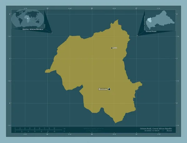 中部アフリカ共和国のオハム ペンデ県 しっかりした色の形 地域の主要都市の位置と名前 コーナー補助位置図 — ストック写真