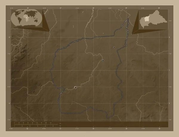アフリカ中央共和国の県 アウハム 湖や川とセピアトーンで着色された標高マップ 地域の主要都市の場所 コーナー補助位置図 — ストック写真