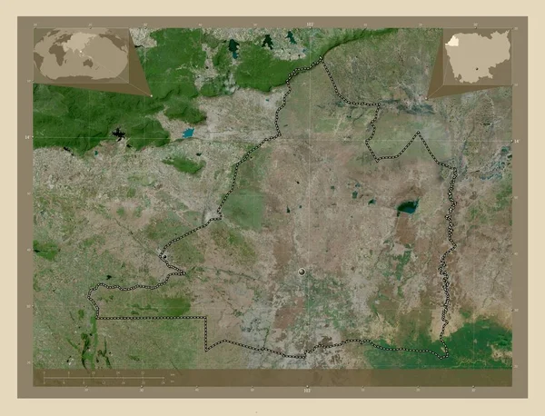 Banteay Meanchey 柬埔寨省 高分辨率卫星地图 该区域主要城市的所在地点 角辅助位置图 — 图库照片