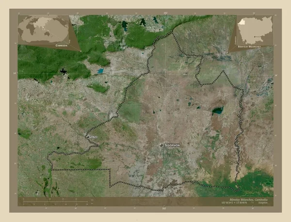 Banteay Meanchey 柬埔寨省 高分辨率卫星地图 该区域主要城市的地点和名称 角辅助位置图 — 图库照片