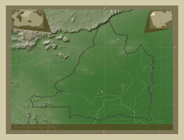 Banteay Meanchey 柬埔寨省 用Wiki风格绘制的带有湖泊和河流的高程地图 角辅助位置图 — 图库照片