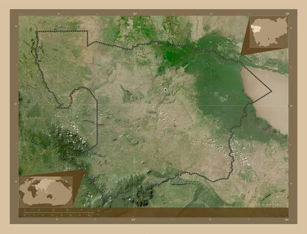 カンボジアのバタンバン県 低解像度衛星地図 地域の主要都市の場所 コーナー補助位置図 — ストック写真