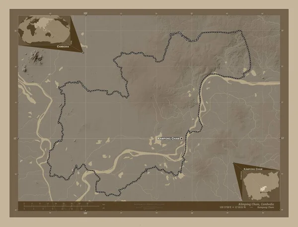 カンボジアのカンポン チャム県 湖や川とセピアトーンで着色された標高マップ 地域の主要都市の位置と名前 コーナー補助位置図 — ストック写真