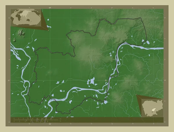 カンボジアのカンポン チャム県 湖や川とWikiスタイルで着色された標高マップ コーナー補助位置図 — ストック写真