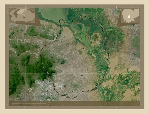 カンボジアのカンポン チャン州 高解像度衛星地図 地域の主要都市の場所 コーナー補助位置図 — ストック写真