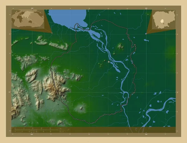 Кампонгчнанг Провинция Камбоджа Цветная Карта Высоты Озерами Реками Вспомогательные Карты — стоковое фото