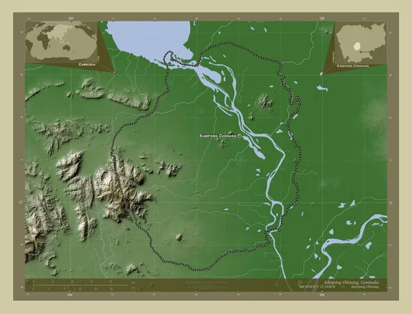 Kampong Chhnang 柬埔寨省 用Wiki风格绘制的带有湖泊和河流的高程地图 该区域主要城市的地点和名称 角辅助位置图 — 图库照片