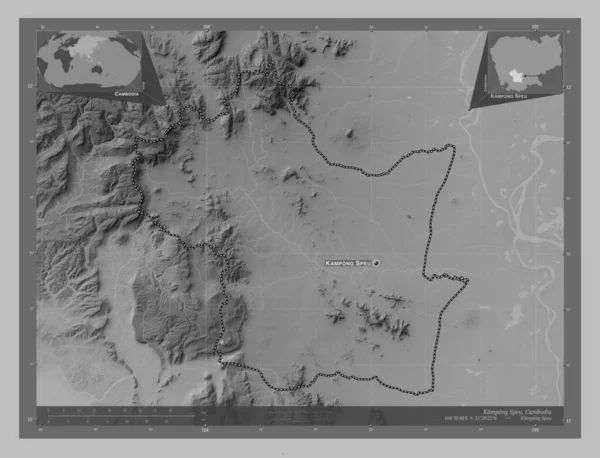 Kampong Speu Province Cambodia Grayscale Elevation Map Lakes Rivers Locations — Stock Photo, Image