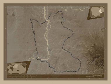 Kracheh, Kamboçya vilayeti. Yükseklik haritası sepya tonlarında göller ve nehirlerle renklendirilmiş. Bölgenin büyük şehirlerinin yerleri ve isimleri. Köşedeki yedek konum haritaları