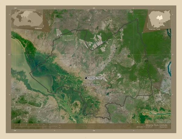 Kampong Thum Province Cambodia 高分辨率卫星地图 该区域主要城市的地点和名称 角辅助位置图 — 图库照片