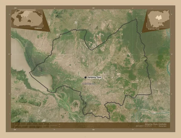 カンボジアのカンポン トゥム県 低解像度衛星地図 地域の主要都市の位置と名前 コーナー補助位置図 — ストック写真