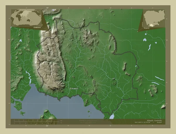 柬埔寨省贡布 用Wiki风格绘制的带有湖泊和河流的高程地图 该区域主要城市的地点和名称 角辅助位置图 — 图库照片