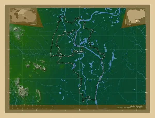 カンダル カンボジアの州 湖や川と色の標高マップ 地域の主要都市の位置と名前 コーナー補助位置図 — ストック写真