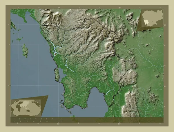 Kaoh Kong Province Cambodia 用Wiki风格绘制的带有湖泊和河流的高程地图 角辅助位置图 — 图库照片