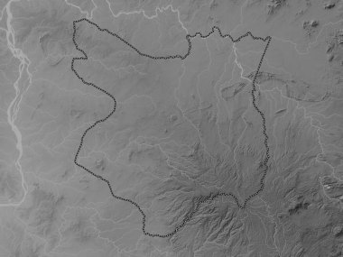 Mondol Kiri, Kamboçya vilayeti. Gölleri ve nehirleri olan gri tonlama yükseklik haritası