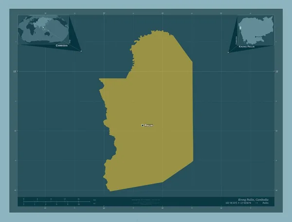 カンボジアの自治体であるKrong Pailin しっかりした色の形 地域の主要都市の位置と名前 コーナー補助位置図 — ストック写真