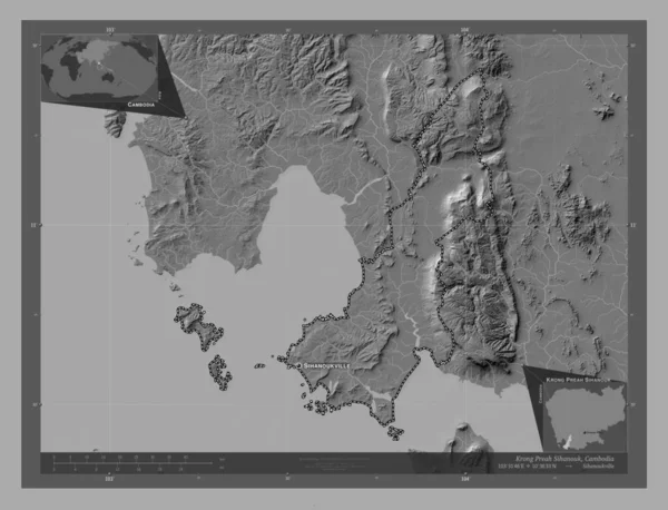 カンボジアの自治体であるKrong Preah Sihanouk 湖や川と二階の標高マップ 地域の主要都市の位置と名前 コーナー補助位置図 — ストック写真