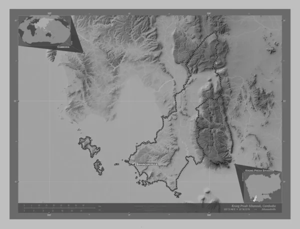 Krong Preah Sihanouk Gmina Kambodży Mapa Wzniesień Skali Szarości Jeziorami — Zdjęcie stockowe