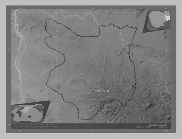 Mondol Kiri 柬埔寨省 带有湖泊和河流的灰度高程图 该区域主要城市的地点和名称 角辅助位置图 — 图库照片