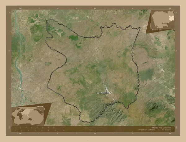 カンボジア共和国のモンドール 低解像度衛星地図 地域の主要都市の位置と名前 コーナー補助位置図 — ストック写真