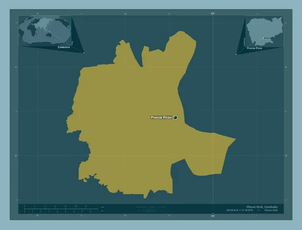 プノンペン カンボジアの自治体 しっかりした色の形 地域の主要都市の位置と名前 コーナー補助位置図 — ストック写真