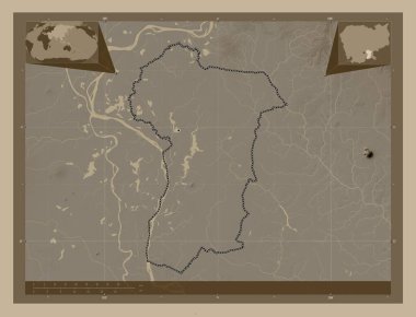 Avcı Veng, Kamboçya vilayeti. Yükseklik haritası sepya tonlarında göller ve nehirlerle renklendirilmiş. Köşedeki yedek konum haritaları