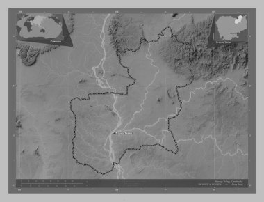 Steung Treng, Kamboçya vilayeti. Gölleri ve nehirleri olan gri tonlama yükseklik haritası. Bölgenin büyük şehirlerinin yerleri ve isimleri. Köşedeki yedek konum haritaları