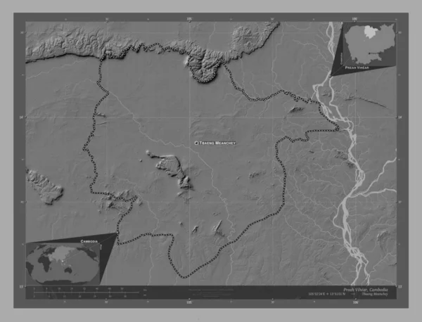 Preah Vihear Prowincja Kambodży Dwupoziomowa Mapa Jeziorami Rzekami Lokalizacje Nazwy — Zdjęcie stockowe