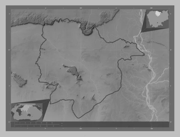柬埔寨省柏威夏省 带有湖泊和河流的灰度高程图 该区域主要城市的所在地点 角辅助位置图 — 图库照片