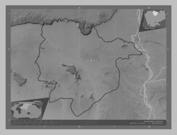 Преа Віхір Провінція Камбоджа Граймасштабна Мапа Висот Озерами Річками Місця — стокове фото