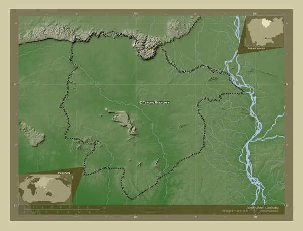 柬埔寨省柏威夏省 用Wiki风格绘制的带有湖泊和河流的高程地图 该区域主要城市的地点和名称 角辅助位置图 — 图库照片