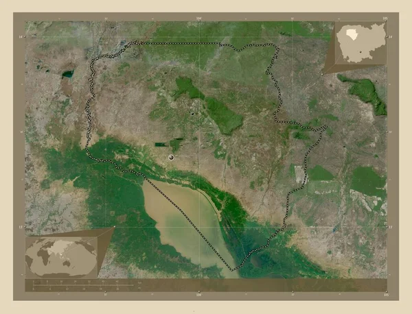 カンボジアのシェムリアップ州 高解像度衛星地図 地域の主要都市の場所 コーナー補助位置図 — ストック写真