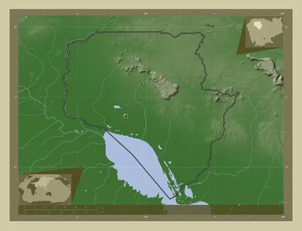 Siemreab Province Cambodia 用Wiki风格绘制的带有湖泊和河流的高程地图 该区域主要城市的所在地点 角辅助位置图 — 图库照片