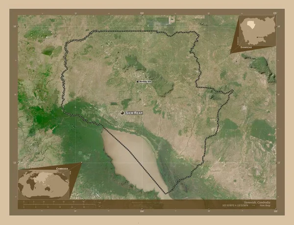 カンボジアのシェムリアップ州 低解像度衛星地図 地域の主要都市の位置と名前 コーナー補助位置図 — ストック写真