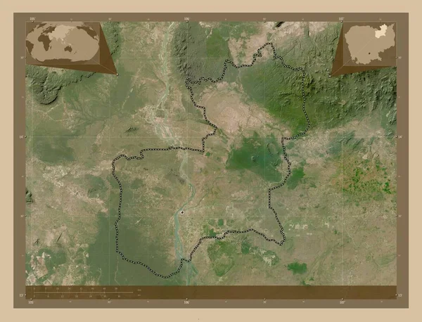 柬埔寨省Steung Treng 低分辨率卫星地图 该区域主要城市的所在地点 角辅助位置图 — 图库照片
