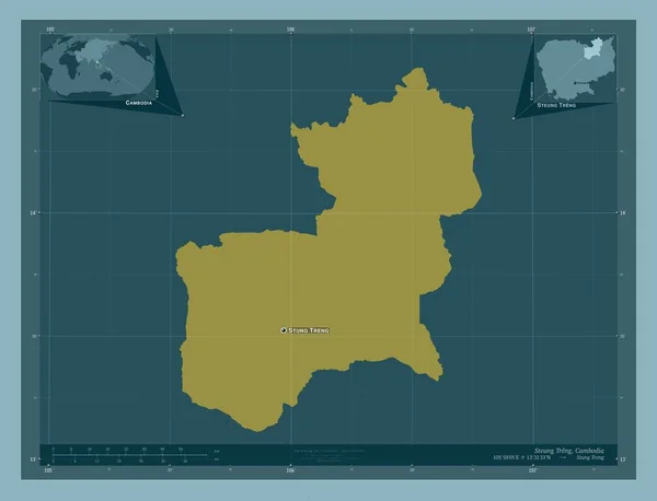 カンボジアのシュン トレング州 しっかりした色の形 地域の主要都市の位置と名前 コーナー補助位置図 — ストック写真