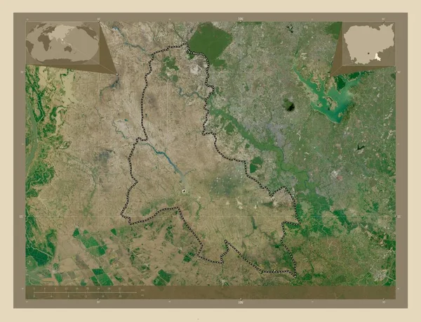 カンボジアのスヴァイ リーン州 高解像度衛星地図 地域の主要都市の場所 コーナー補助位置図 — ストック写真