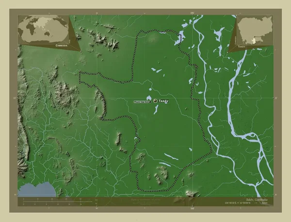 Takev Province Cambodia 用Wiki风格绘制的带有湖泊和河流的高程地图 该区域主要城市的地点和名称 角辅助位置图 — 图库照片
