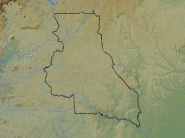 Est, Kamerun bölgesi. Gölleri ve nehirleri olan renkli yükseklik haritası