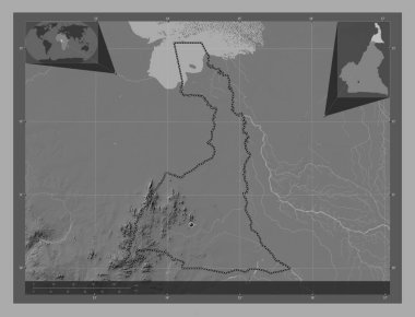Extreme-Nord, Kamerun bölgesi. Göllü ve nehirli çift katlı yükseklik haritası. Köşedeki yedek konum haritaları