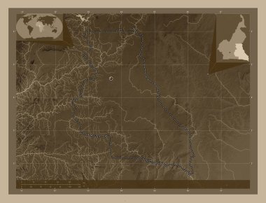 Est, Kamerun bölgesi. Yükseklik haritası sepya tonlarında göller ve nehirlerle renklendirilmiş. Köşedeki yedek konum haritaları