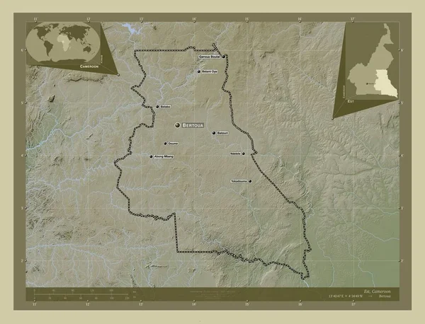 Est Oblast Kamerunu Zdvihová Mapa Zbarvená Stylu Wiki Jezery Řekami — Stock fotografie