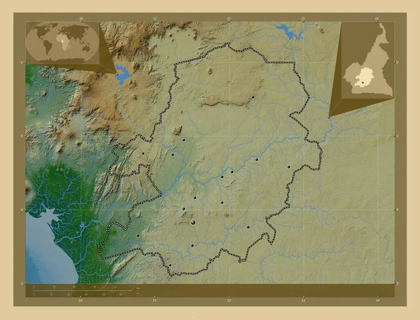 Centre Region Cameroon 有湖泊和河流的彩色高程图 该区域主要城市的所在地点 角辅助位置图 — 图库照片